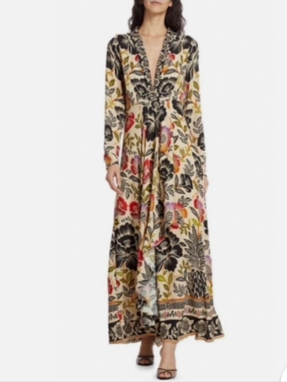 FARM Rio Cream Maxi Dress with Black and Multicolor Floral Print Sz XS